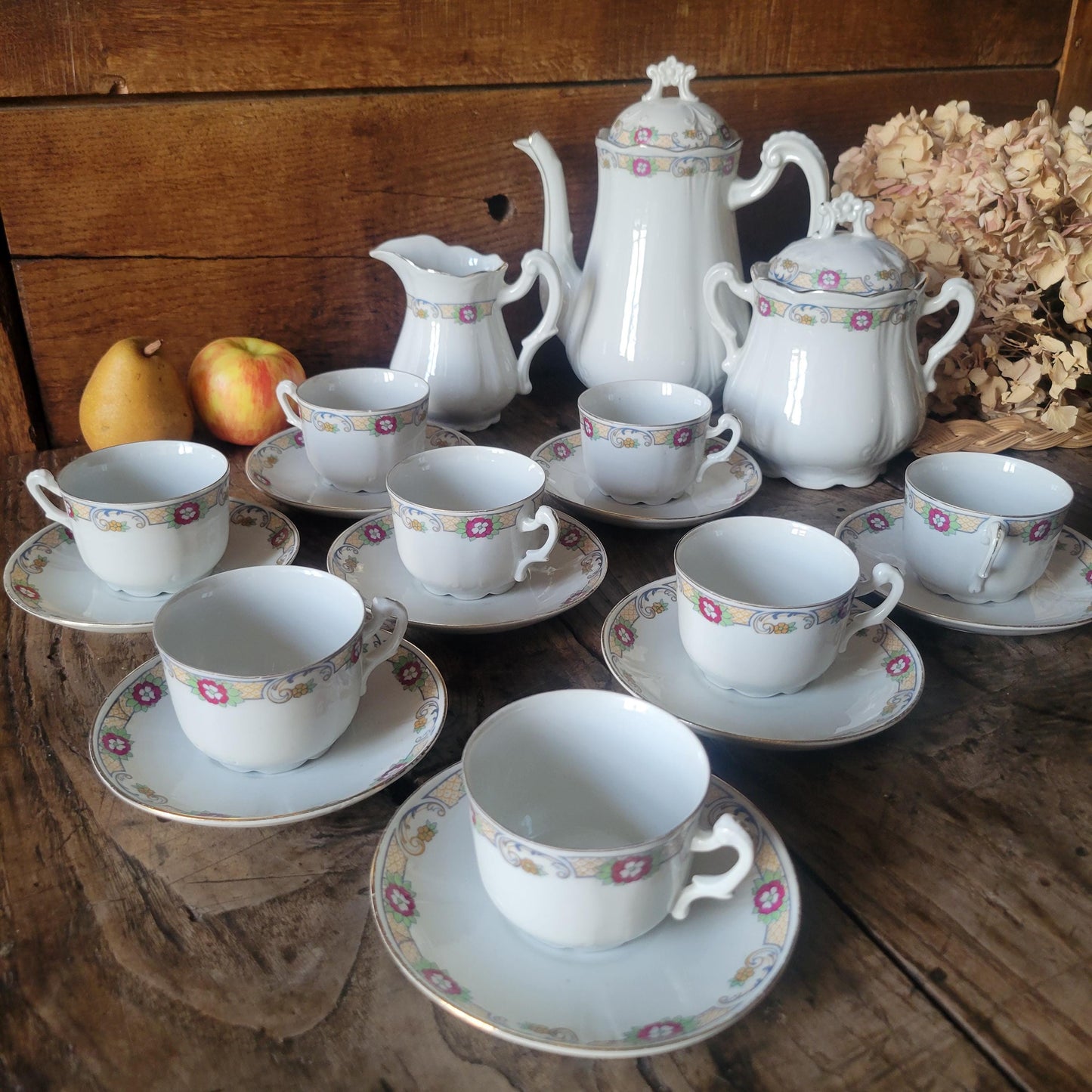 Antique French Porcelain Coffee Set: Floral Hand-Painted 8-Cup Service