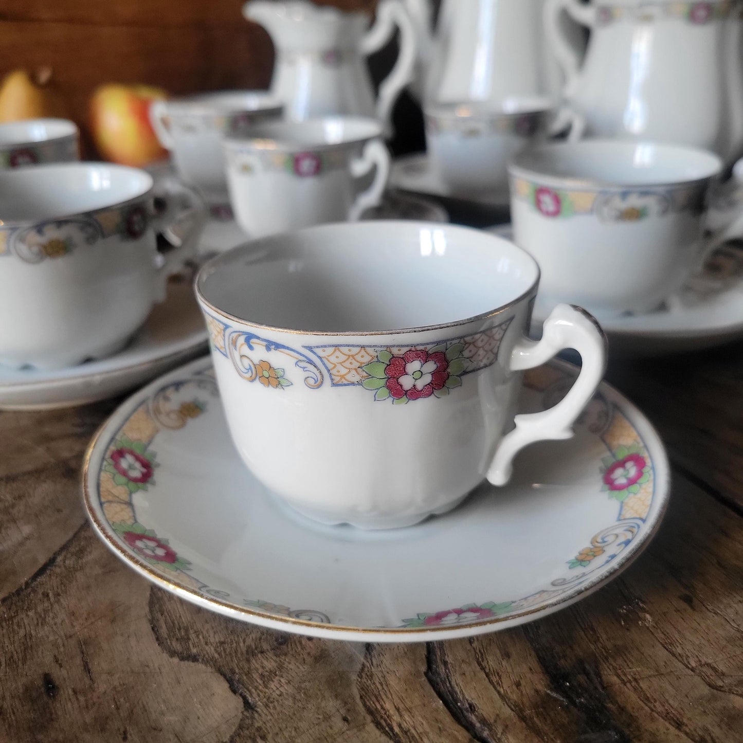 Antique French Porcelain Coffee Set: Floral Hand-Painted 8-Cup Service