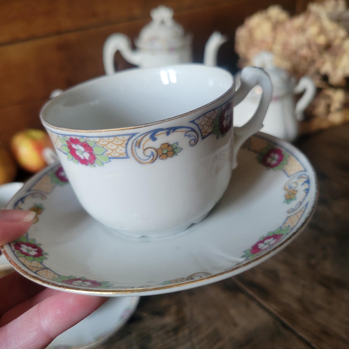 Antique French Porcelain Coffee Set: Floral Hand-Painted 8-Cup Service