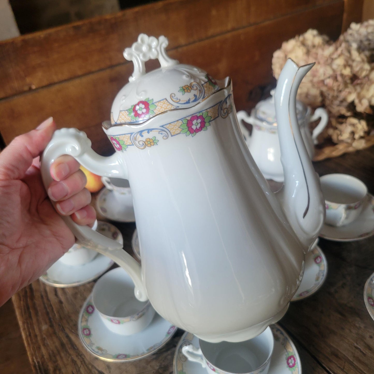 Antique French Porcelain Coffee Set: Floral Hand-Painted 8-Cup Service