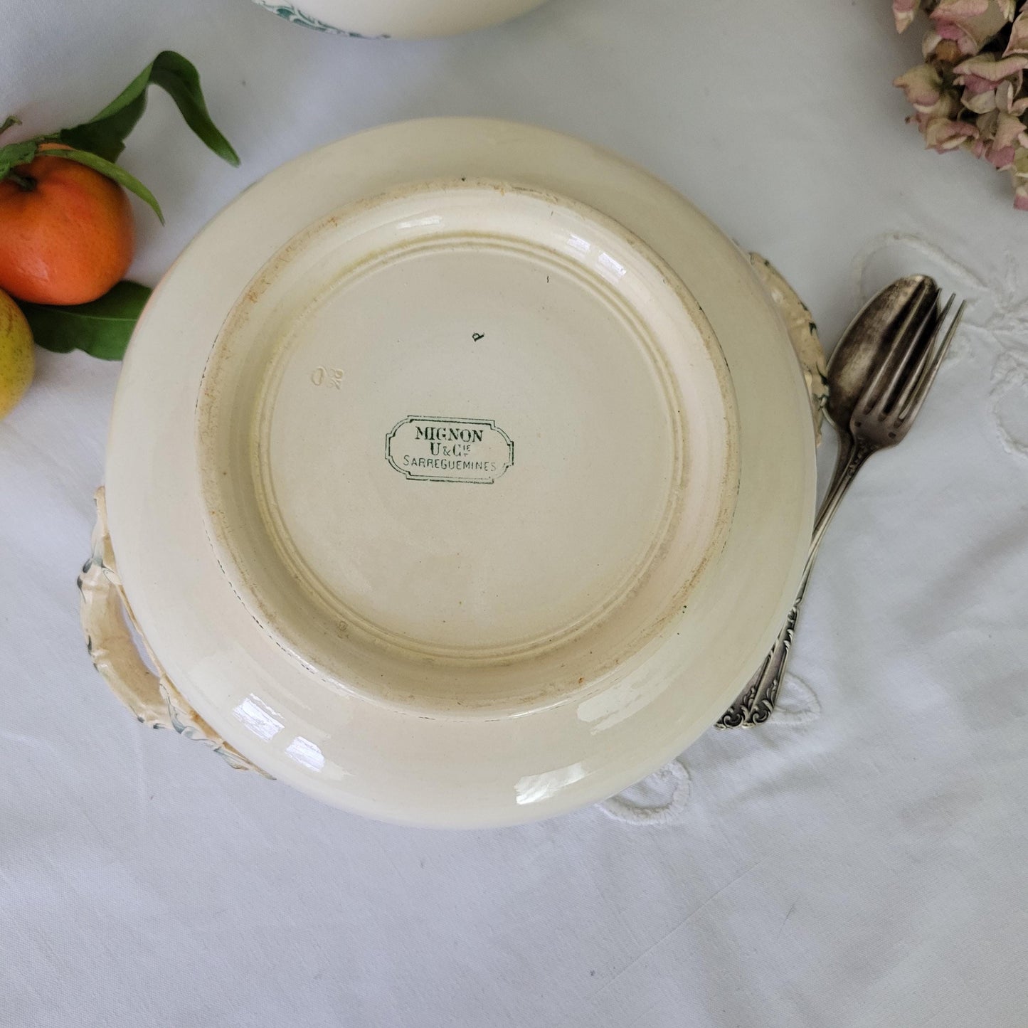 Antique French Sarreguemines Soupiere: Green Floral Transferware, 'Mignon' c1900
