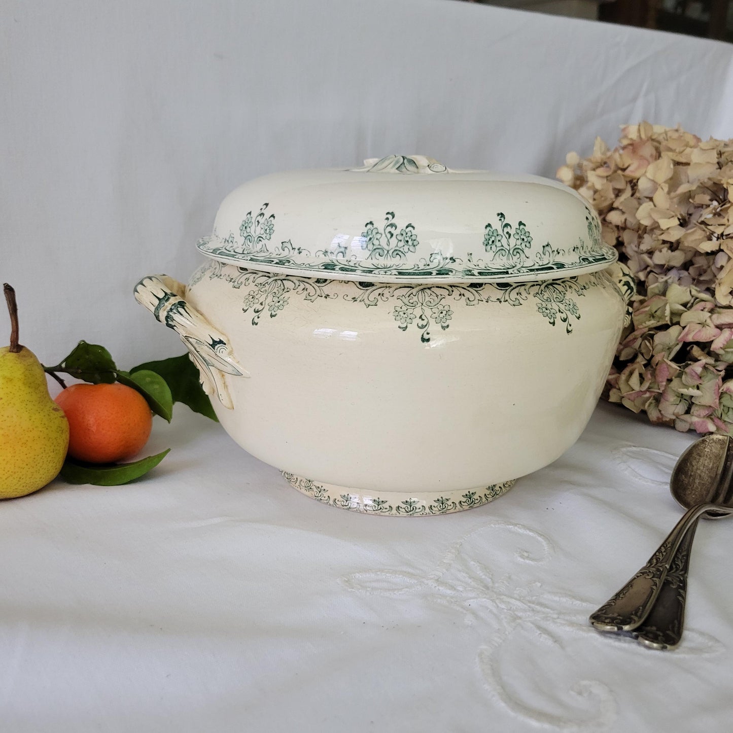 Antique French Sarreguemines Soupiere: Green Floral Transferware, 'Mignon' c1900