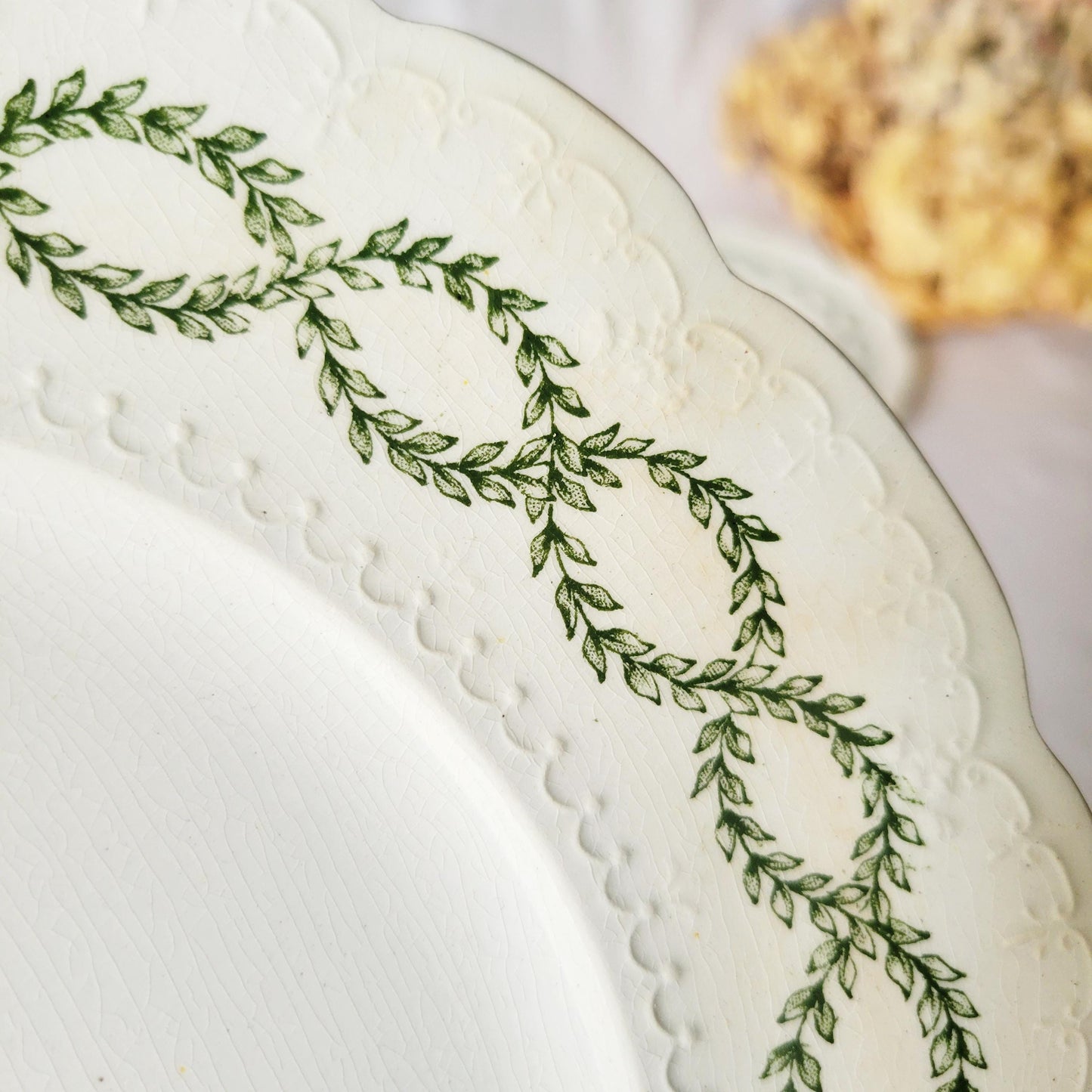 Set of 3 Antique Ridgway Plates: Green Transferware Laurier Pattern