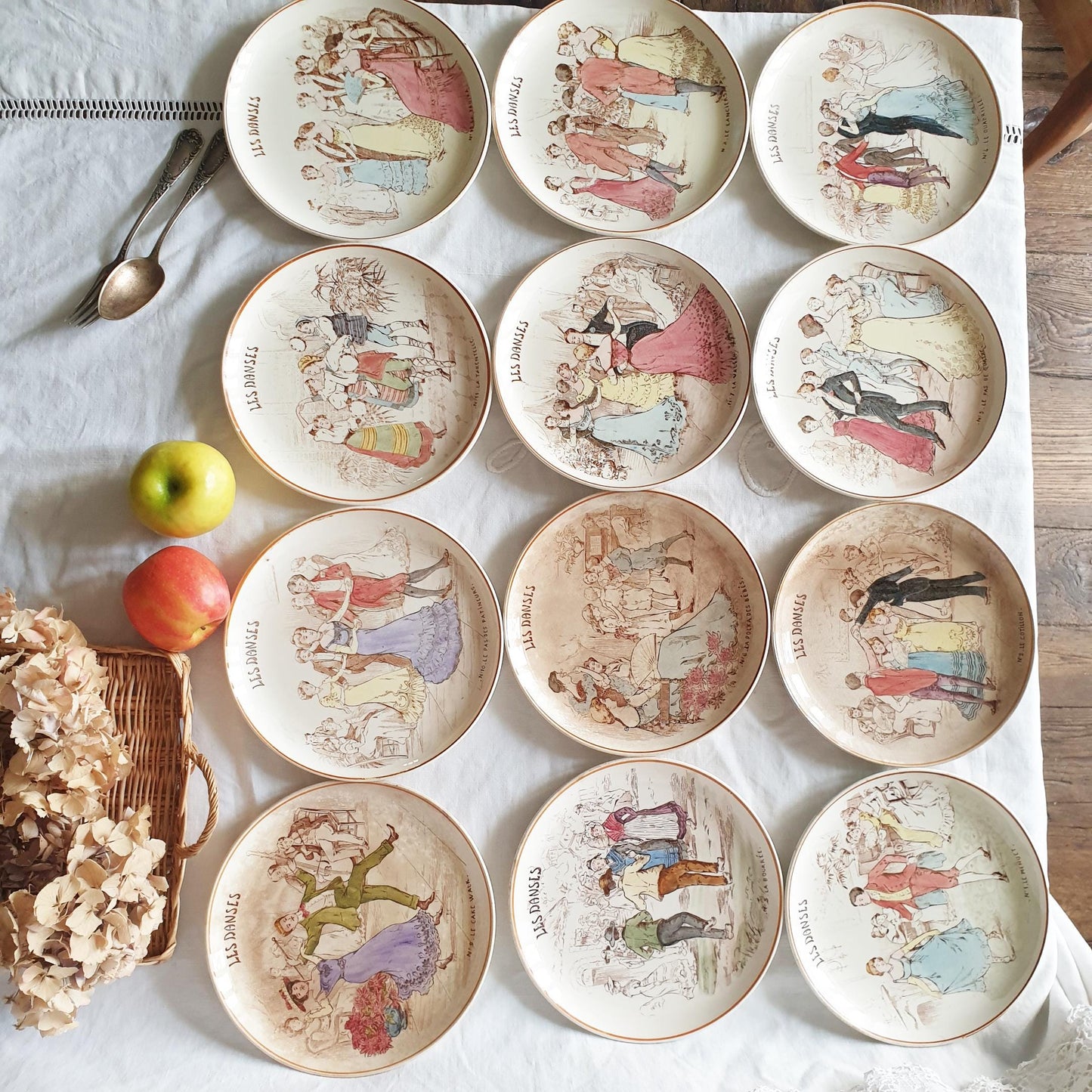 Antique French Dance Plates: Creil Montereau 'Les Danses' Set, c1890