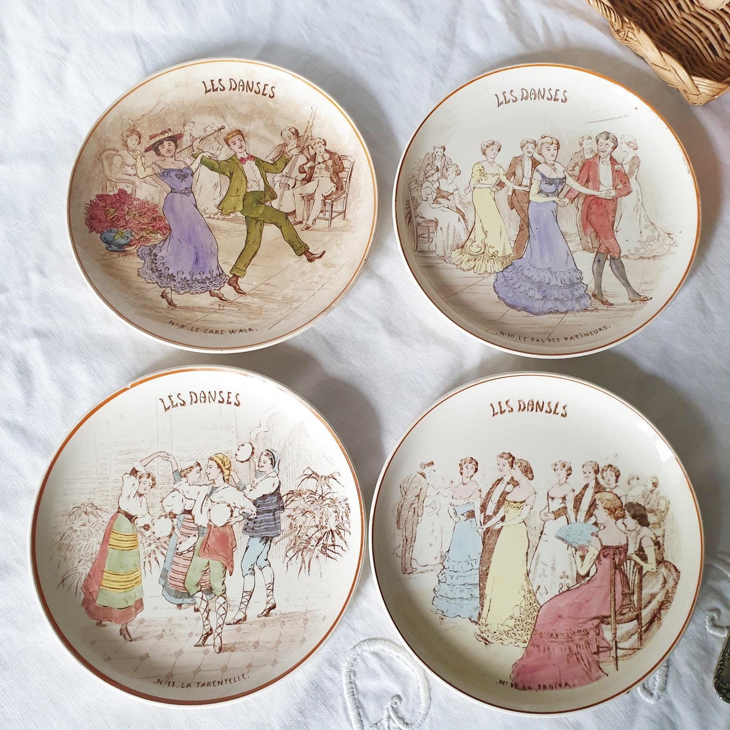 Antique French Dance Plates: Creil Montereau 'Les Danses' Set, c1890