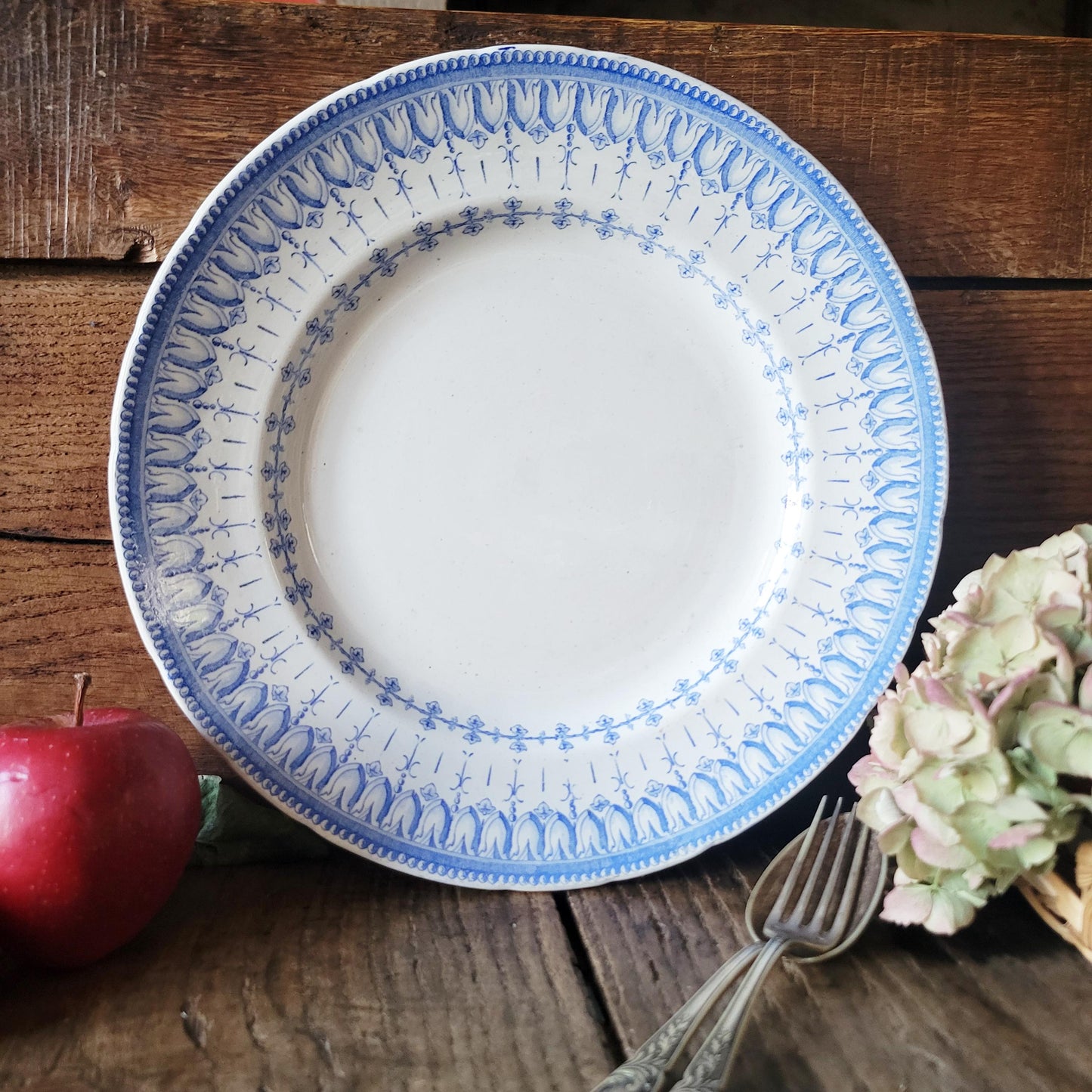 Antique French Transferware 11" Round Platter: Creil et Montereau 'Flora Rocaille' c1876