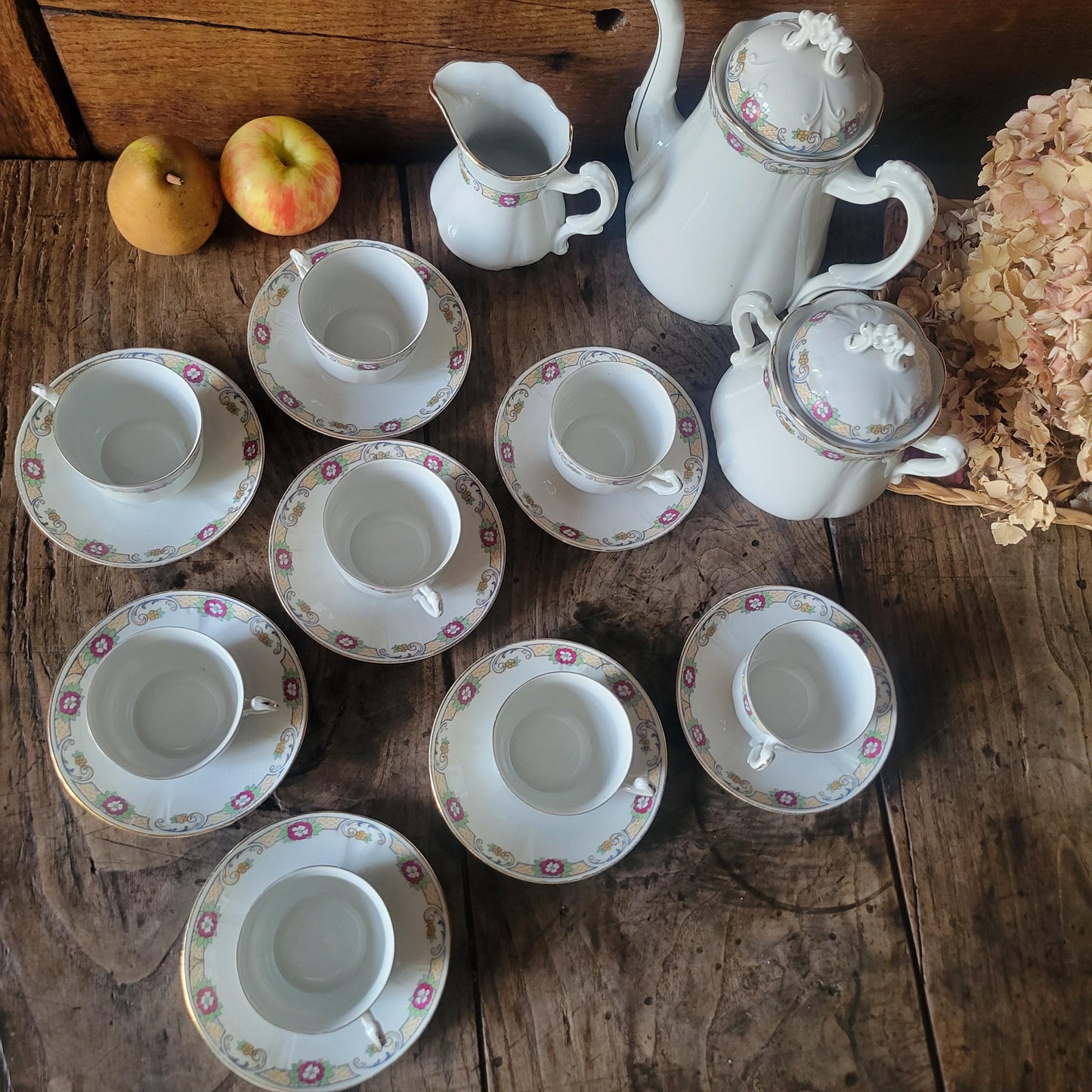 Antique French Porcelain Coffee Set: Floral Hand-Painted 8-Cup Service
