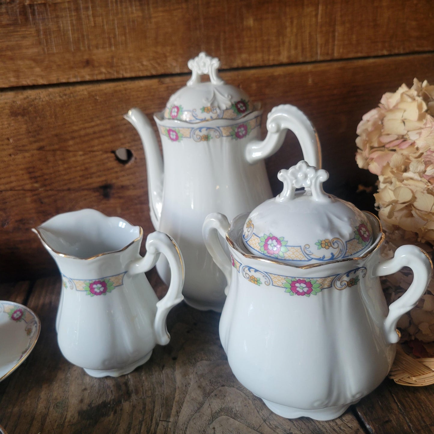 Antique French Porcelain Coffee Set: Floral Hand-Painted 8-Cup Service