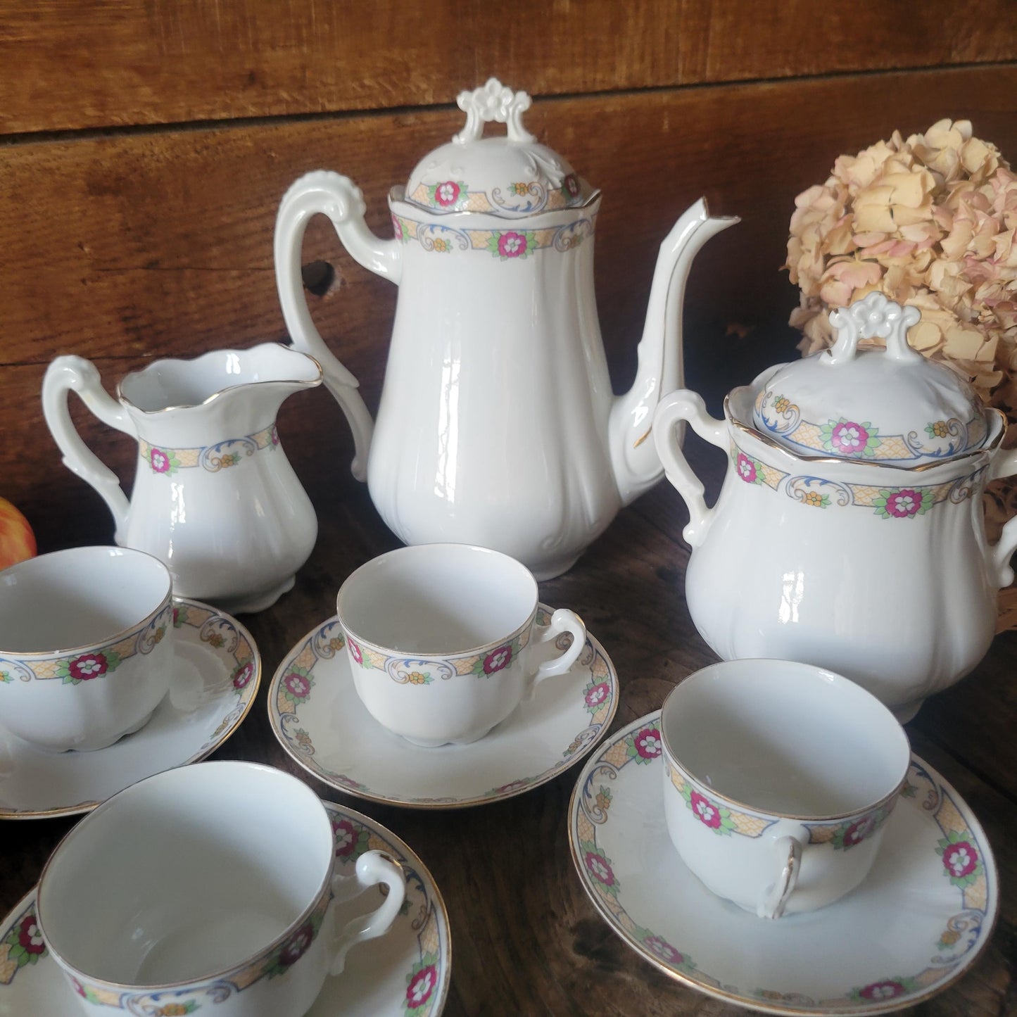 Antique French Porcelain Coffee Set: Floral Hand-Painted 8-Cup Service