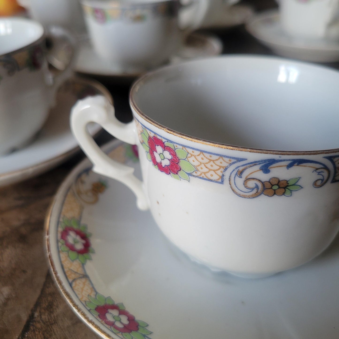 Antique French Porcelain Coffee Set: Floral Hand-Painted 8-Cup Service