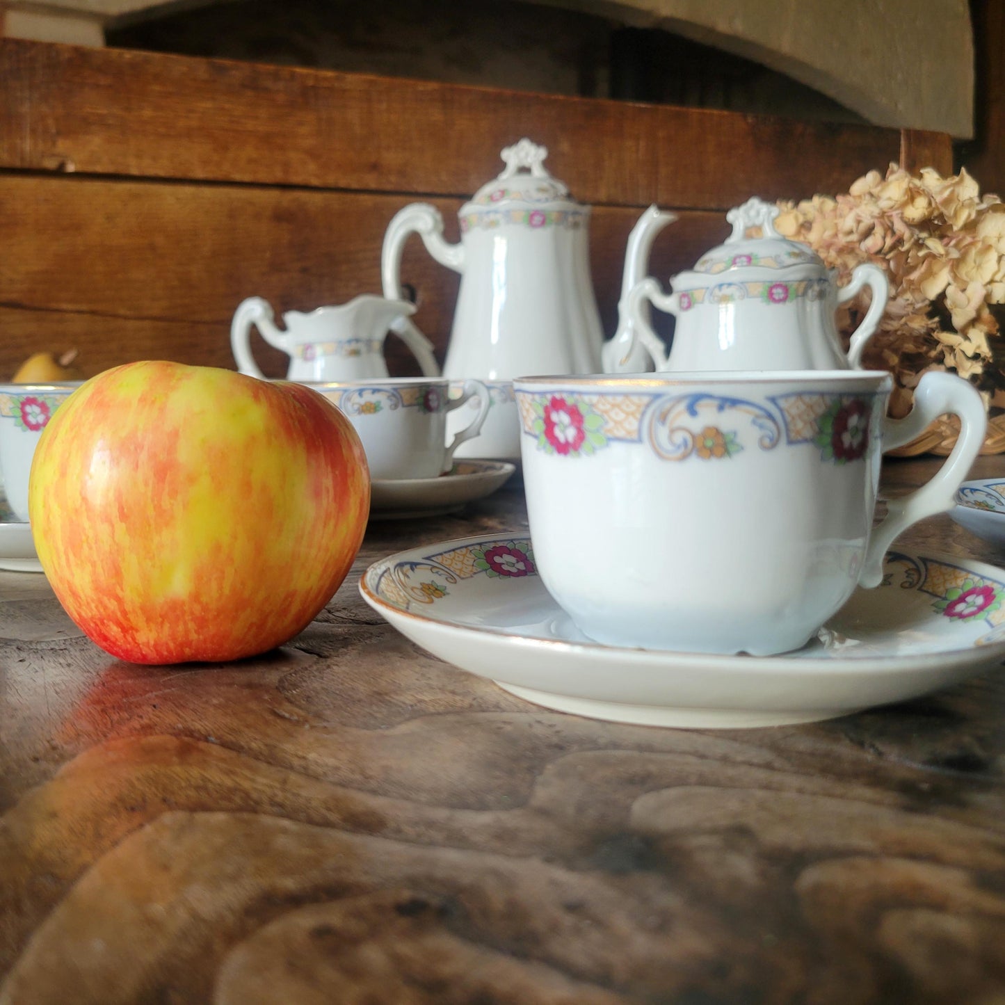 Antique French Porcelain Coffee Set: Floral Hand-Painted 8-Cup Service