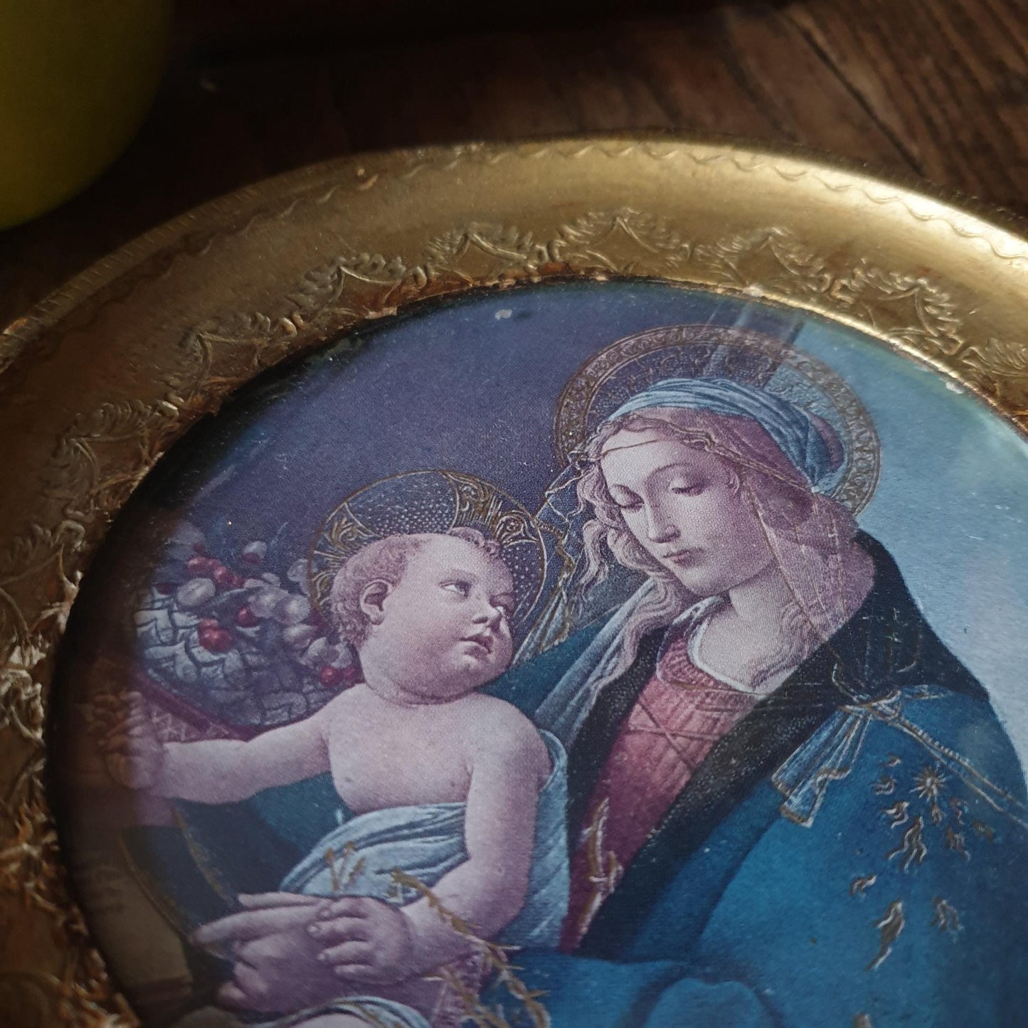 Vintage Botticelli Madonna & Child Round Icon: Gold Florentine Frame