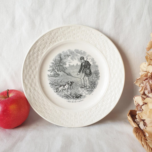 Antique French 'Good Dog' Plate: Black Transferware Barbotine, Saint Amand, France