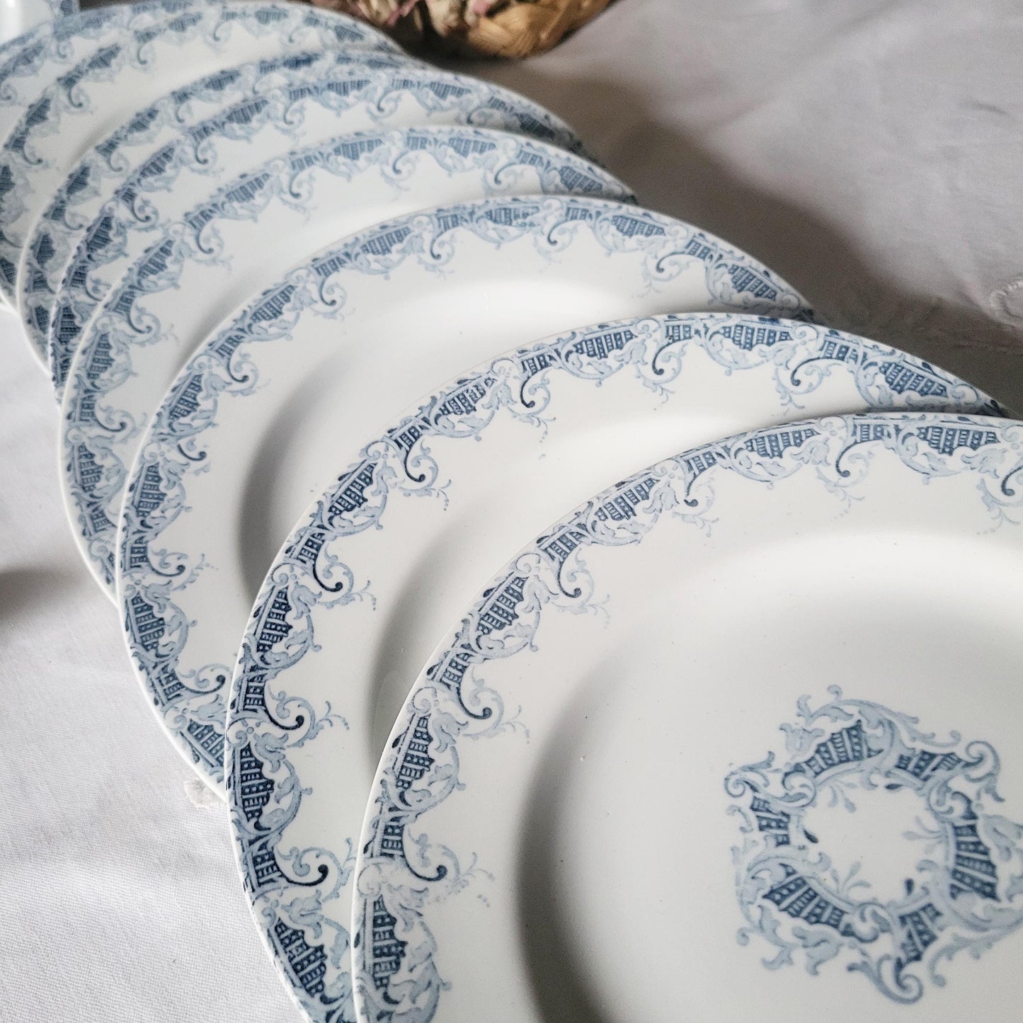 Antique French Dinner Plates Set of 10: Blue Transferware Neoclassical Design