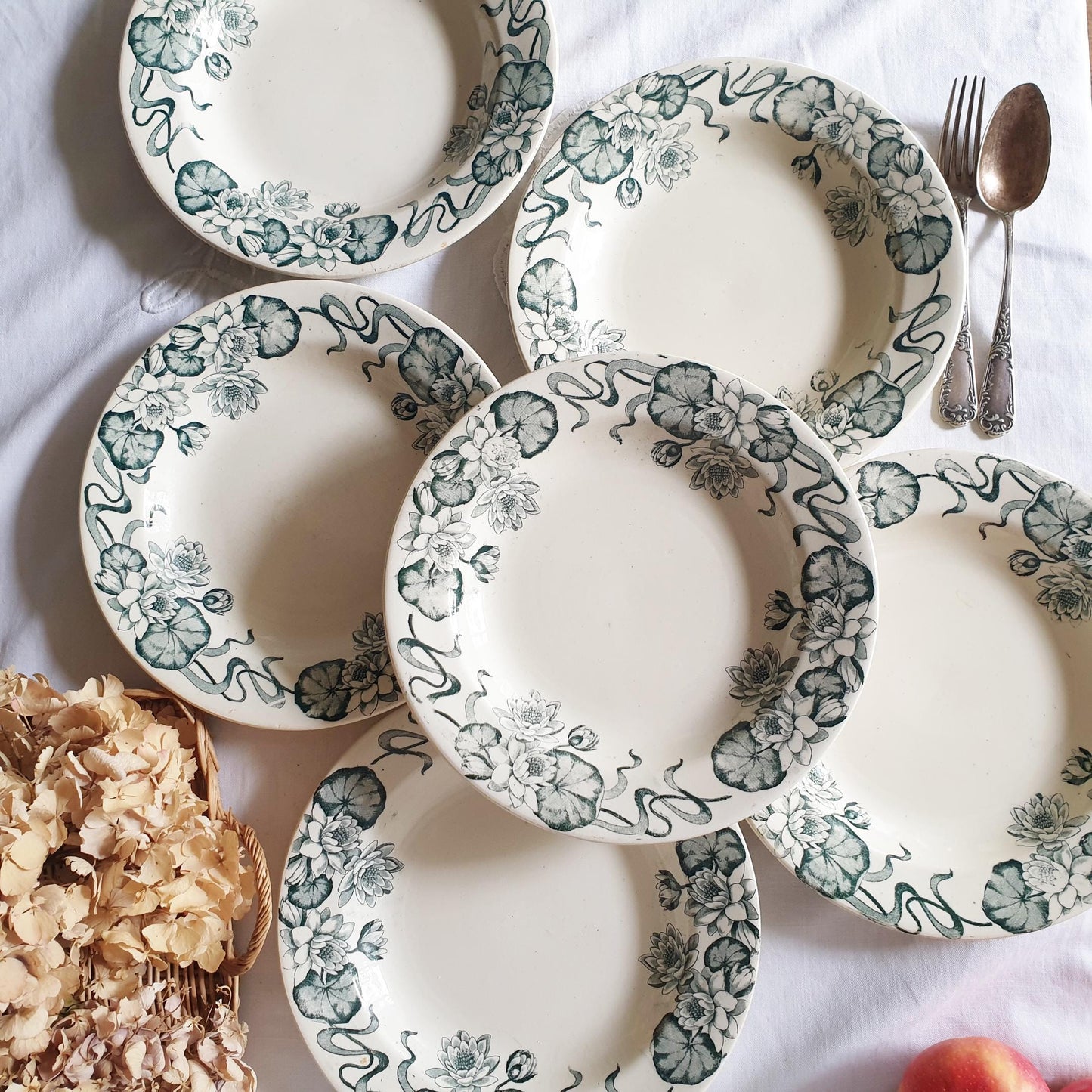 Antique French Soup Plates - Set of 6 Salins 'Nenuphar' Floral Transferware