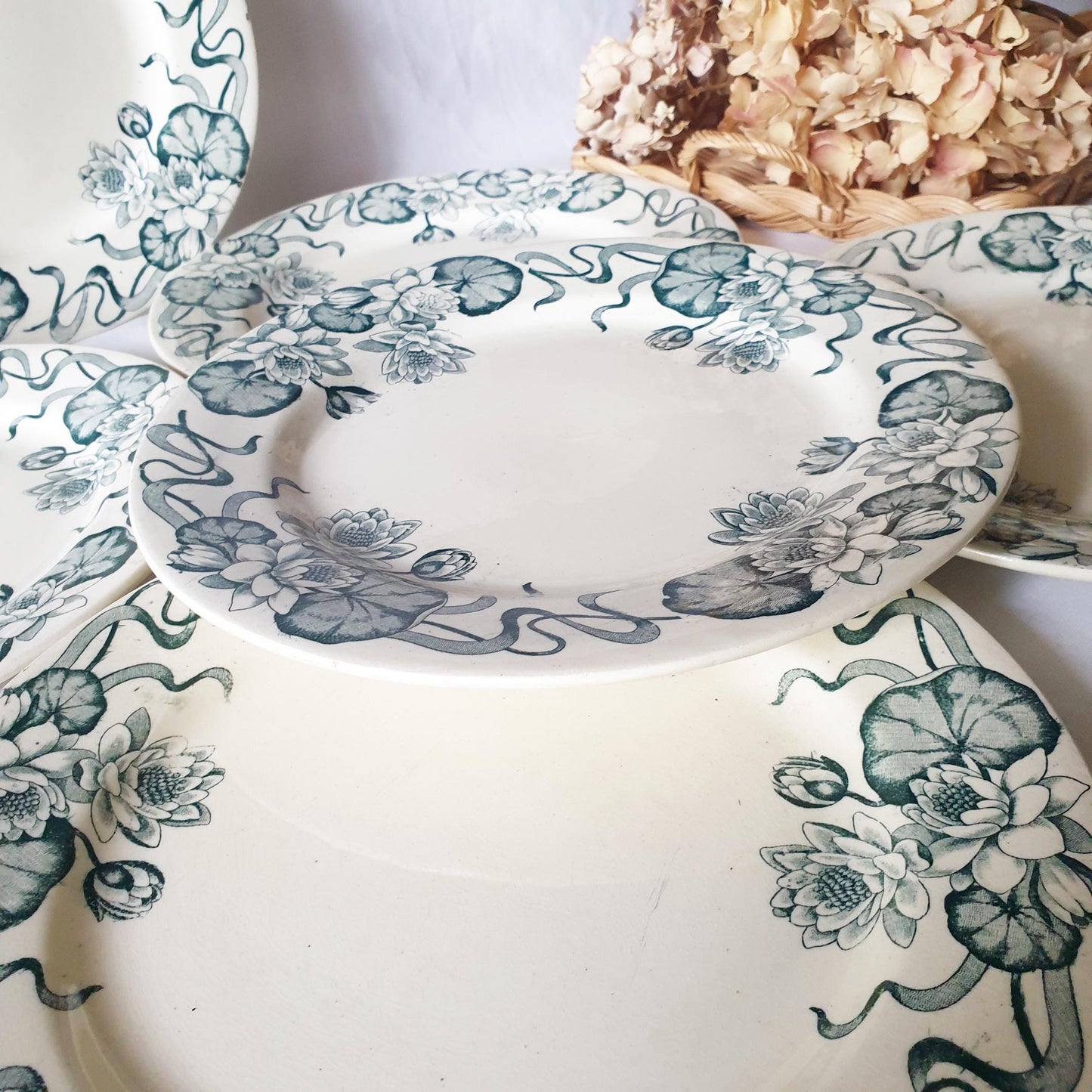 Antique French Dinner Plates Set: Art Nouveau Waterlilies Transferware by Salins