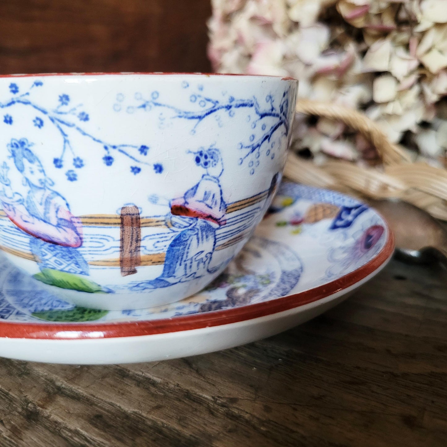 Sarreguemines Chinoiserie Tea Cup & Saucer Duo: French Transferware, c1890
