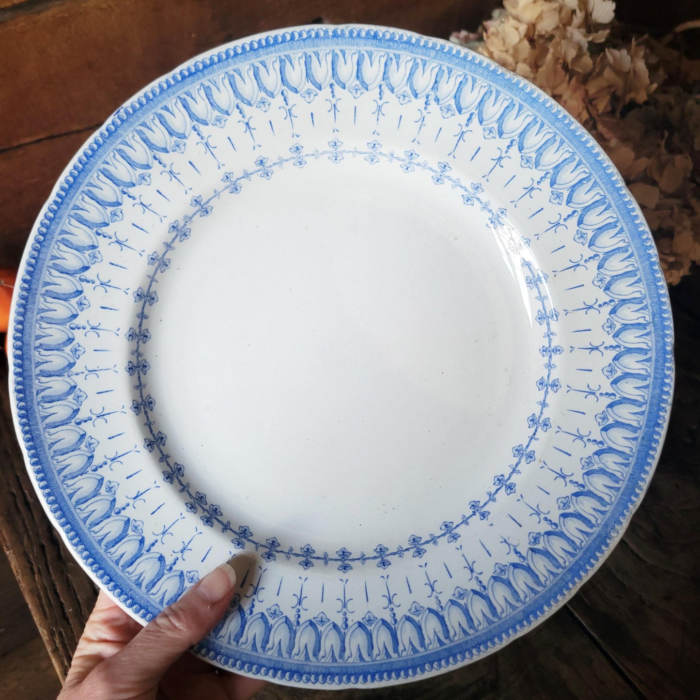 Antique French Transferware 11" Round Platter: Creil et Montereau 'Flora Rocaille' c1876
