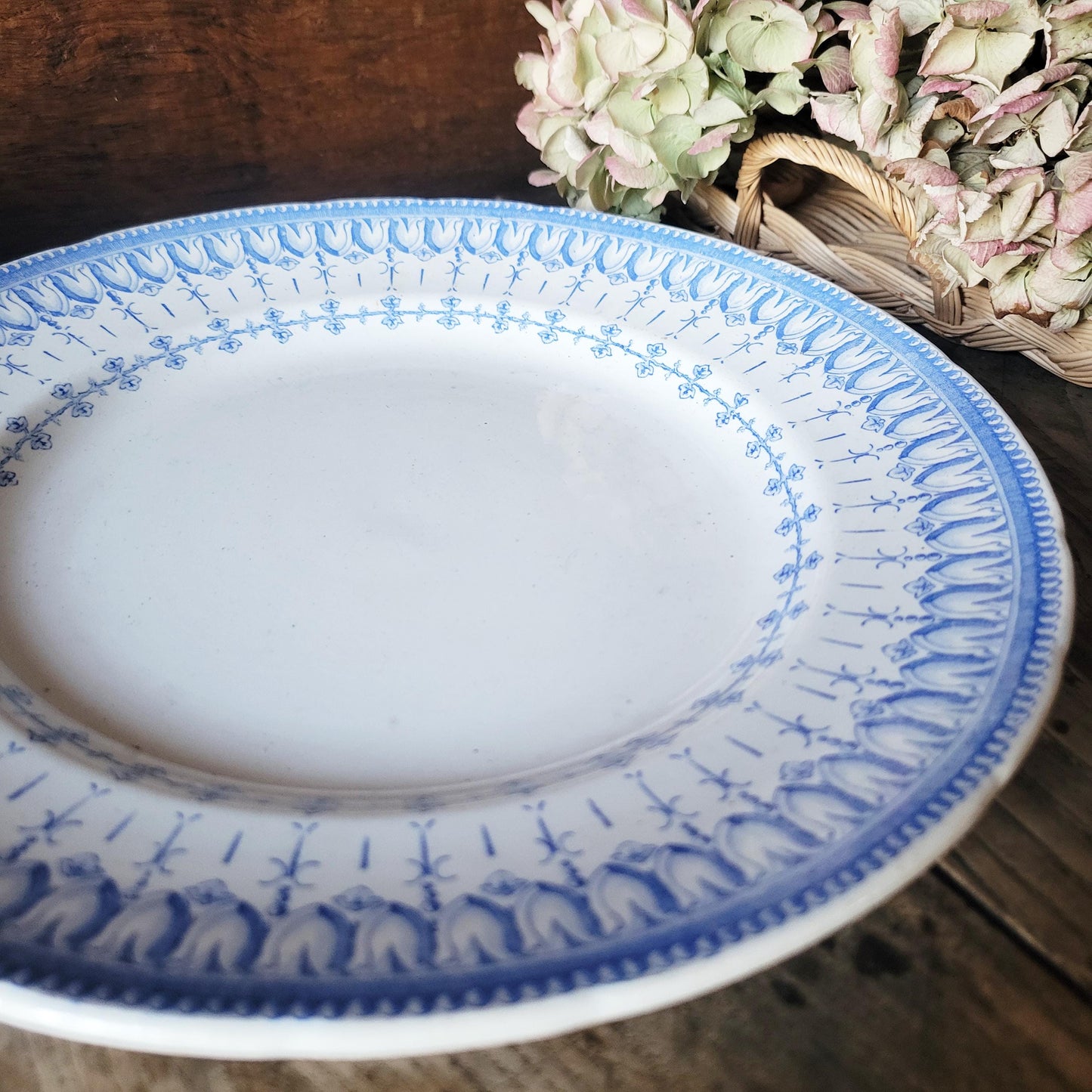 Antique French Transferware 11" Round Platter: Creil et Montereau 'Flora Rocaille' c1876