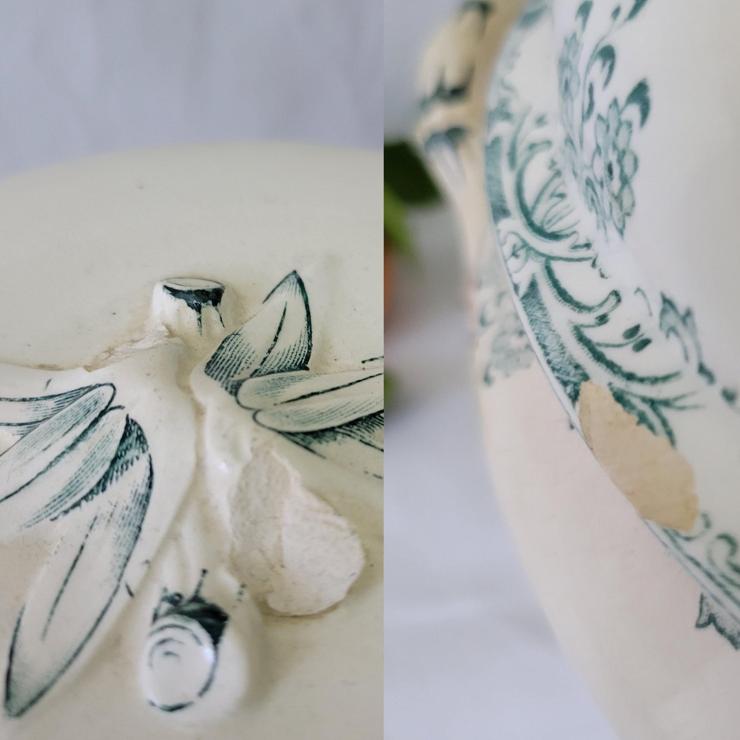 Antique French Sarreguemines Soupiere: Green Floral Transferware, 'Mignon' c1900