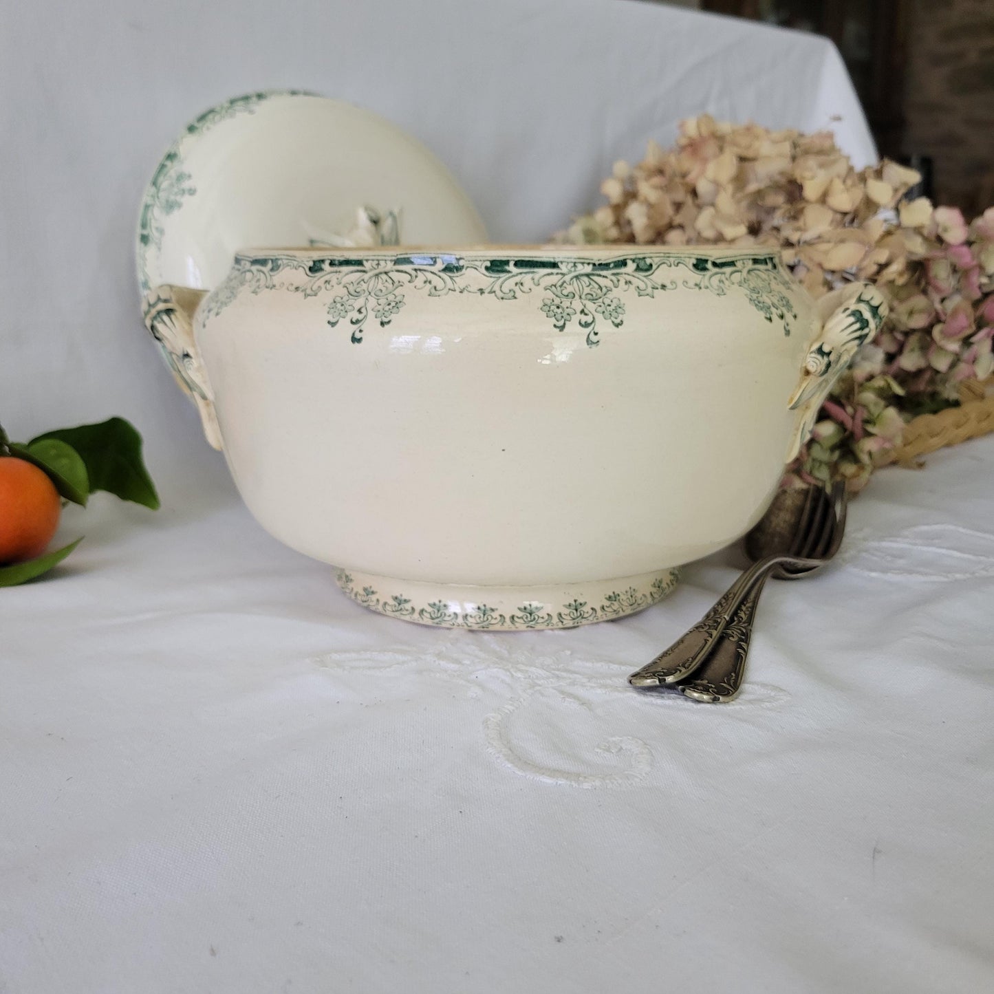 Antique French Sarreguemines Soupiere: Green Floral Transferware, 'Mignon' c1900
