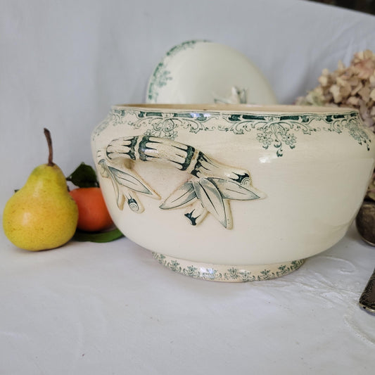 Antique French Sarreguemines Soupiere: Green Floral Transferware, 'Mignon' c1900