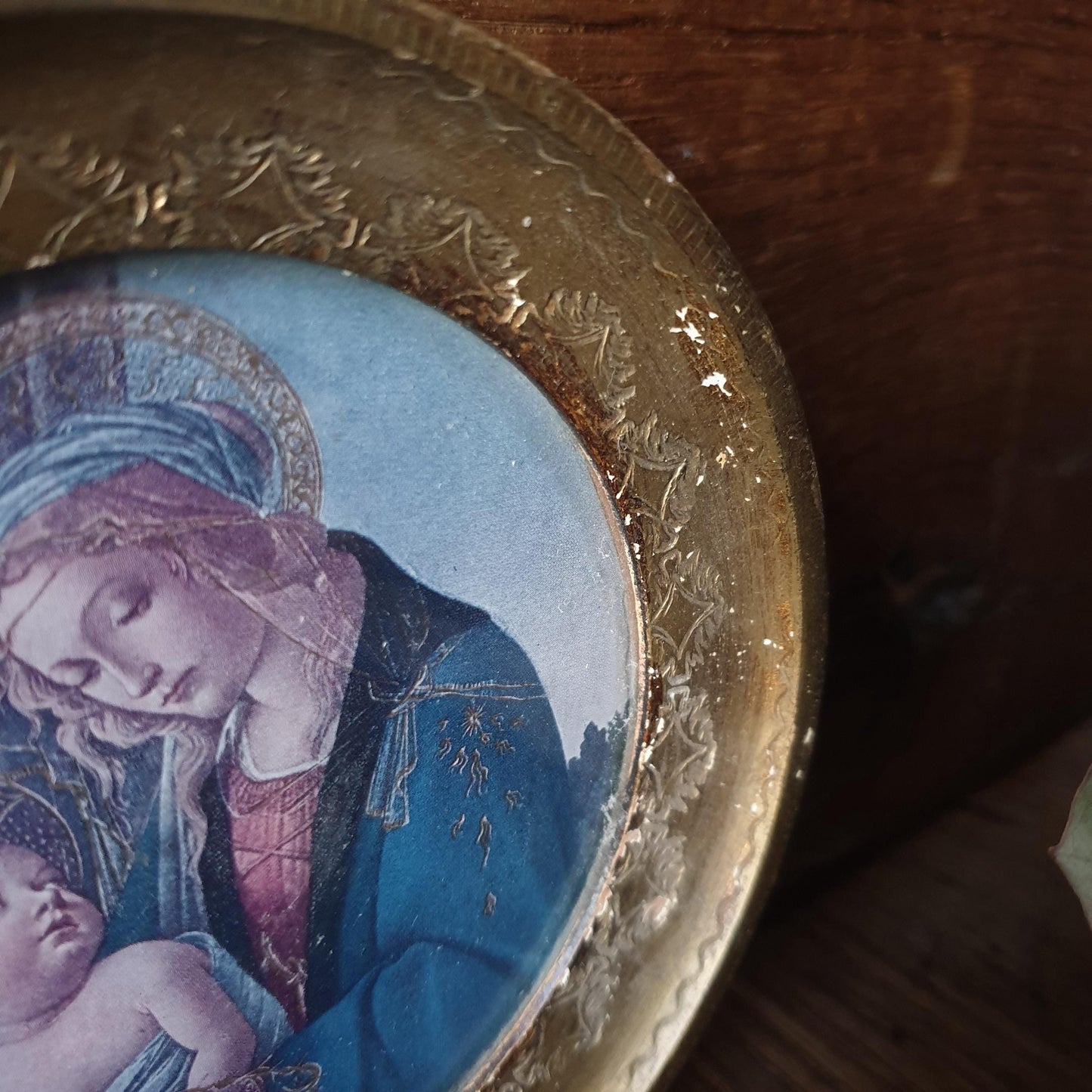 Vintage Botticelli Madonna & Child Round Icon: Gold Florentine Frame