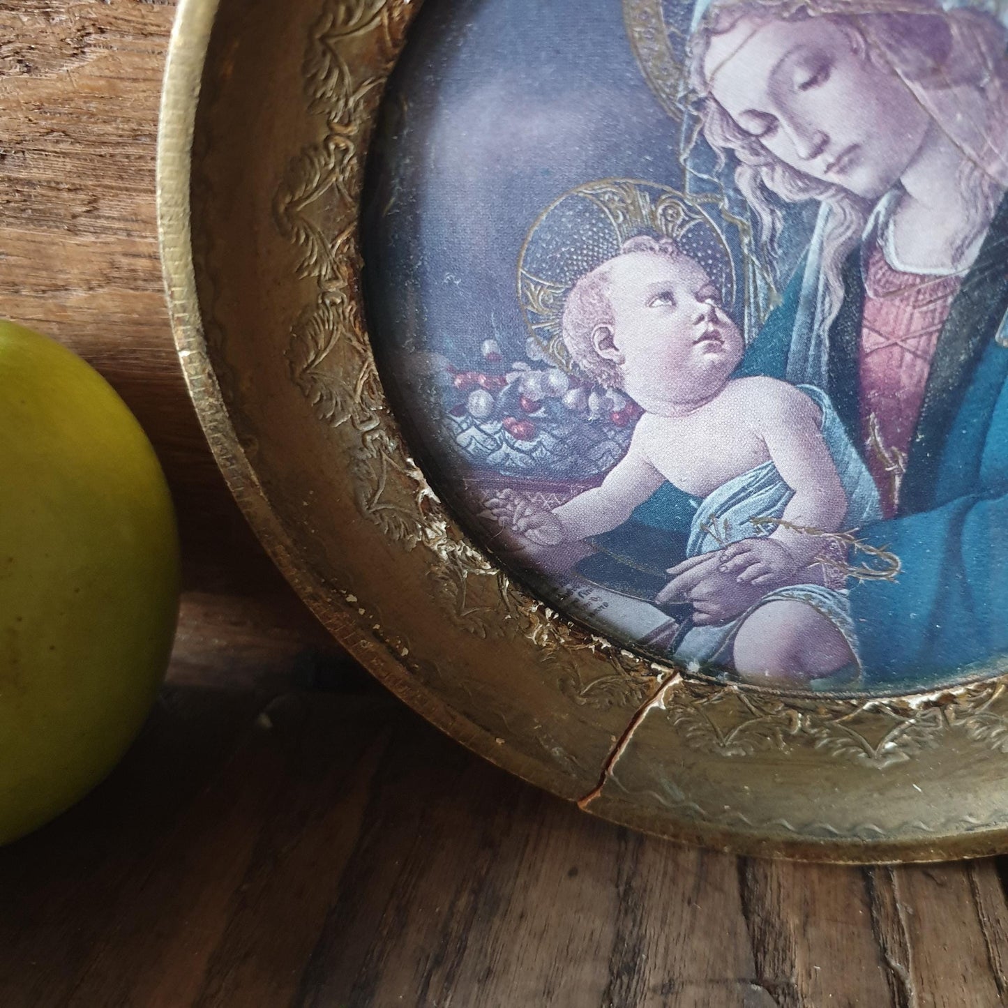 Vintage Botticelli Madonna & Child Round Icon: Gold Florentine Frame