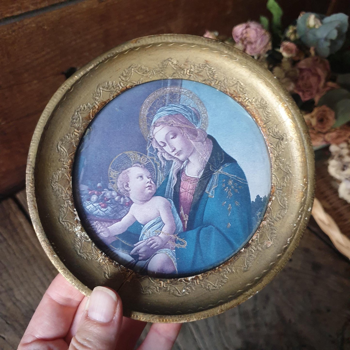 Vintage Botticelli Madonna & Child Round Icon: Gold Florentine Frame