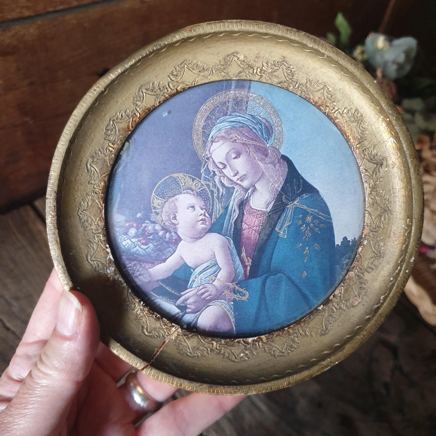 Vintage Botticelli Madonna & Child Round Icon: Gold Florentine Frame