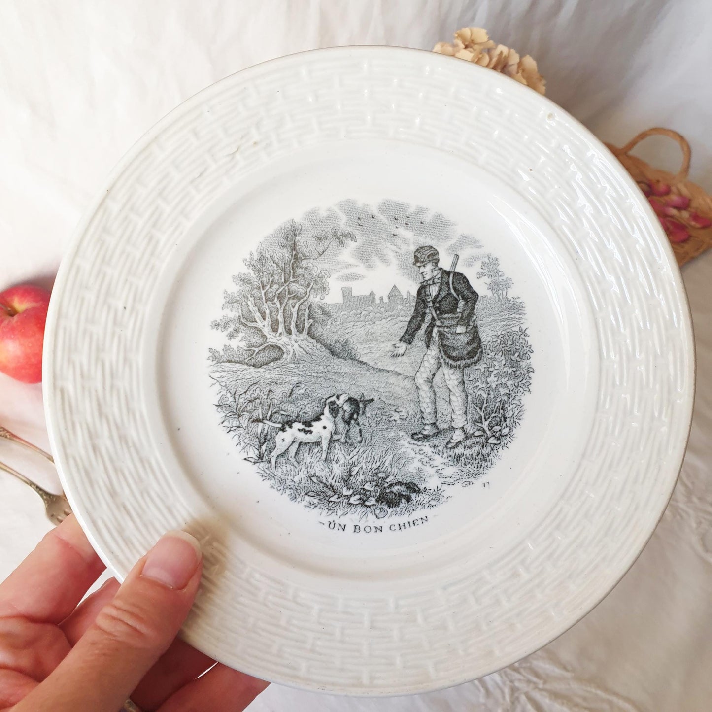 Antique French 'Good Dog' Plate: Black Transferware Barbotine, Saint Amand, France