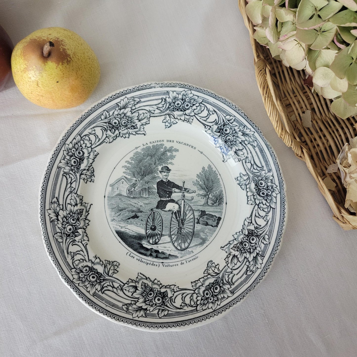 Antique French Black Transferware Cycling Plate: Jules Vieillard Bordeaux, c1880
