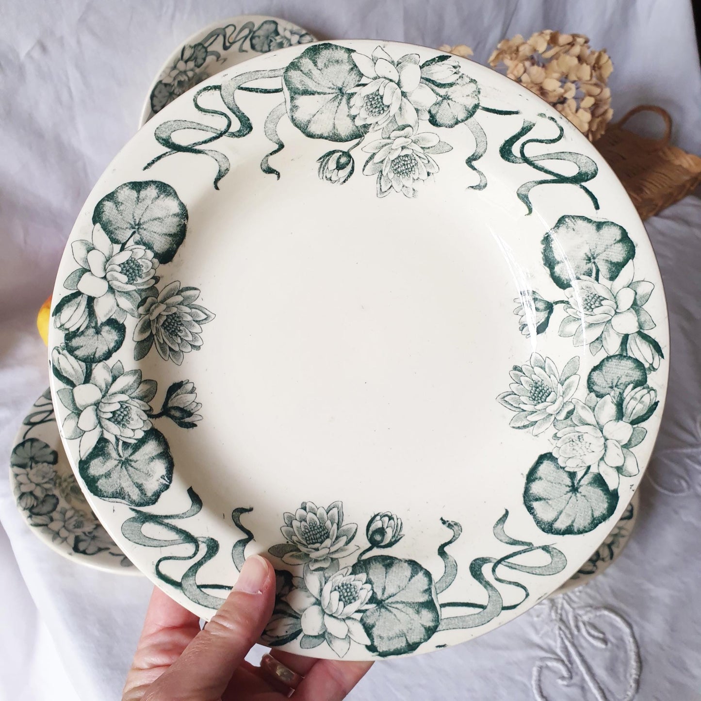 Antique French Soup Plates - Set of 6 Salins 'Nenuphar' Floral Transferware