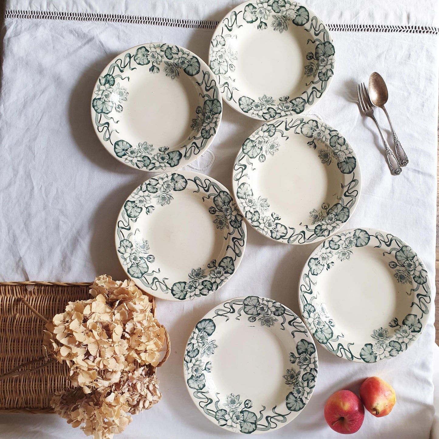 Antique French Soup Plates - Set of 6 Salins 'Nenuphar' Floral Transferware