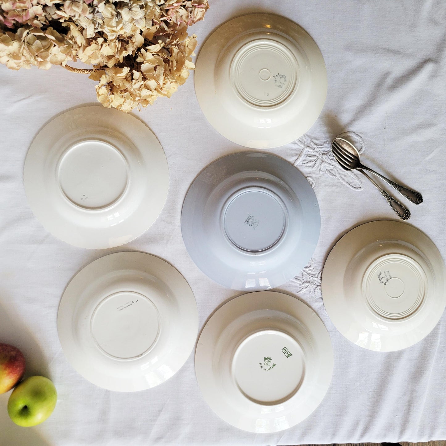 Set 6 French mismatched French faience soup bowls blue on white transferware, stencil painted ensemble  France c1900-60