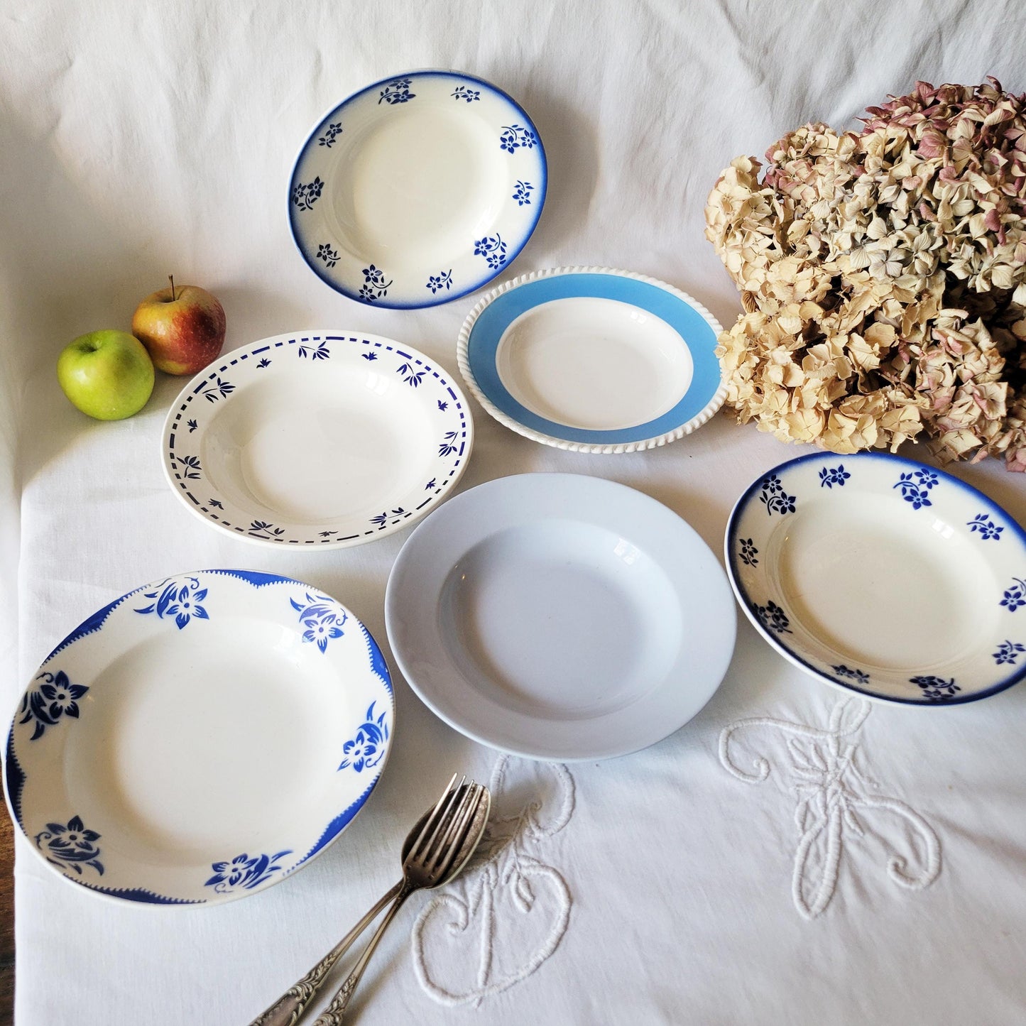 Set 6 French mismatched French faience soup bowls blue on white transferware, stencil painted ensemble  France c1900-60