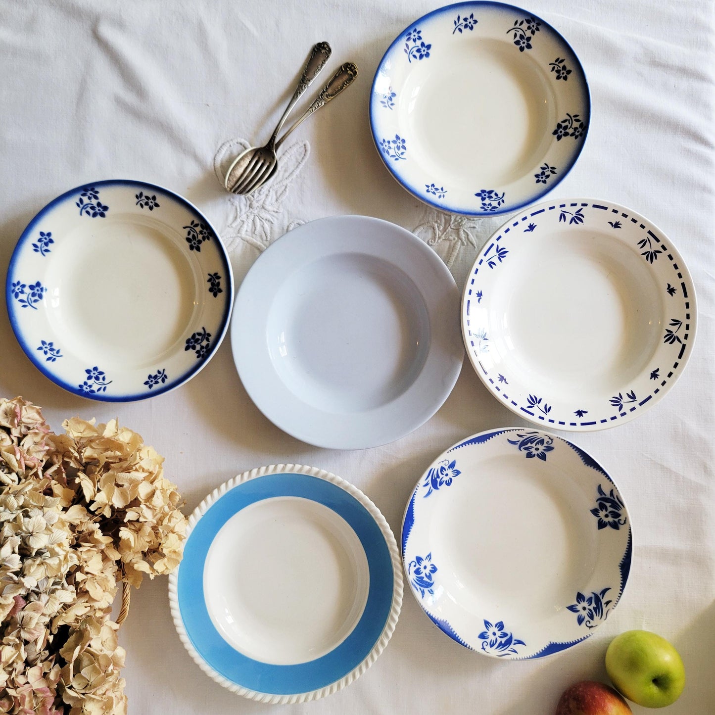 Set 6 French mismatched French faience soup bowls blue on white transferware, stencil painted ensemble  France c1900-60