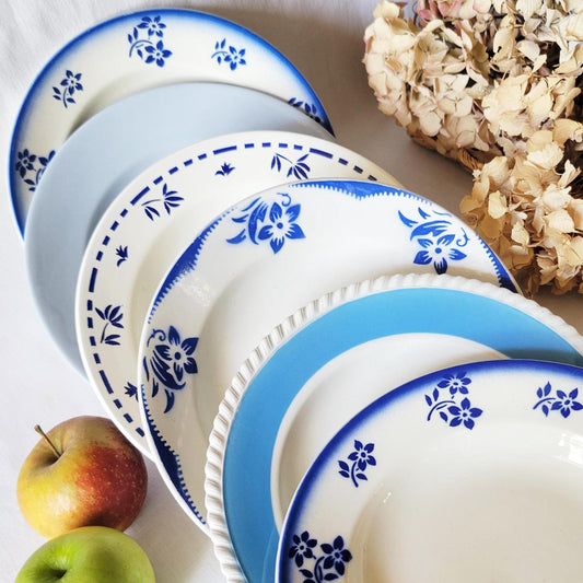 Set 6 French mismatched French faience soup bowls blue on white transferware, stencil painted ensemble  France c1900-60