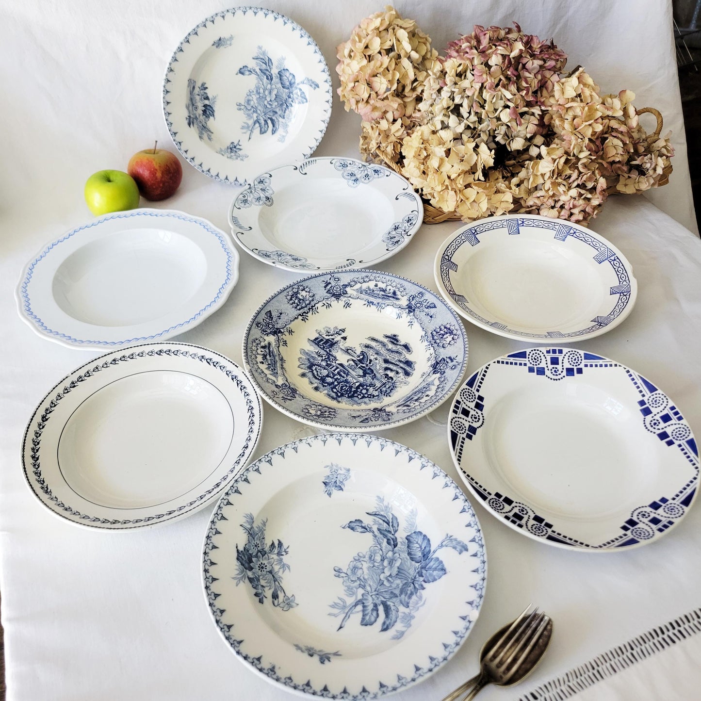 Antique French Mismatched Ironstone Shabby Wall Plates - Set of 8 Blue Floral Transferware