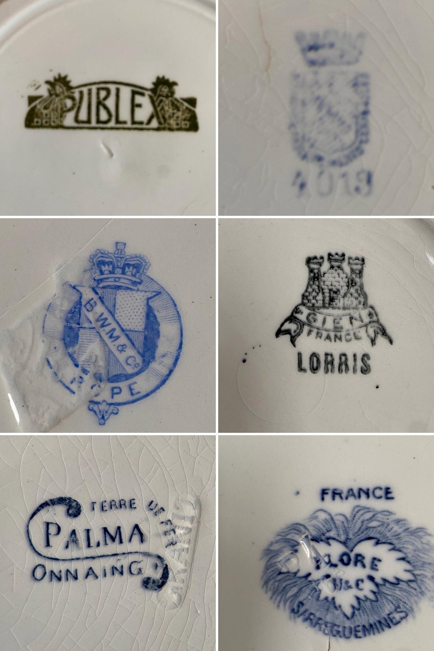 Antique French Mismatched Ironstone Shabby Wall Plates - Set of 8 Blue Floral Transferware