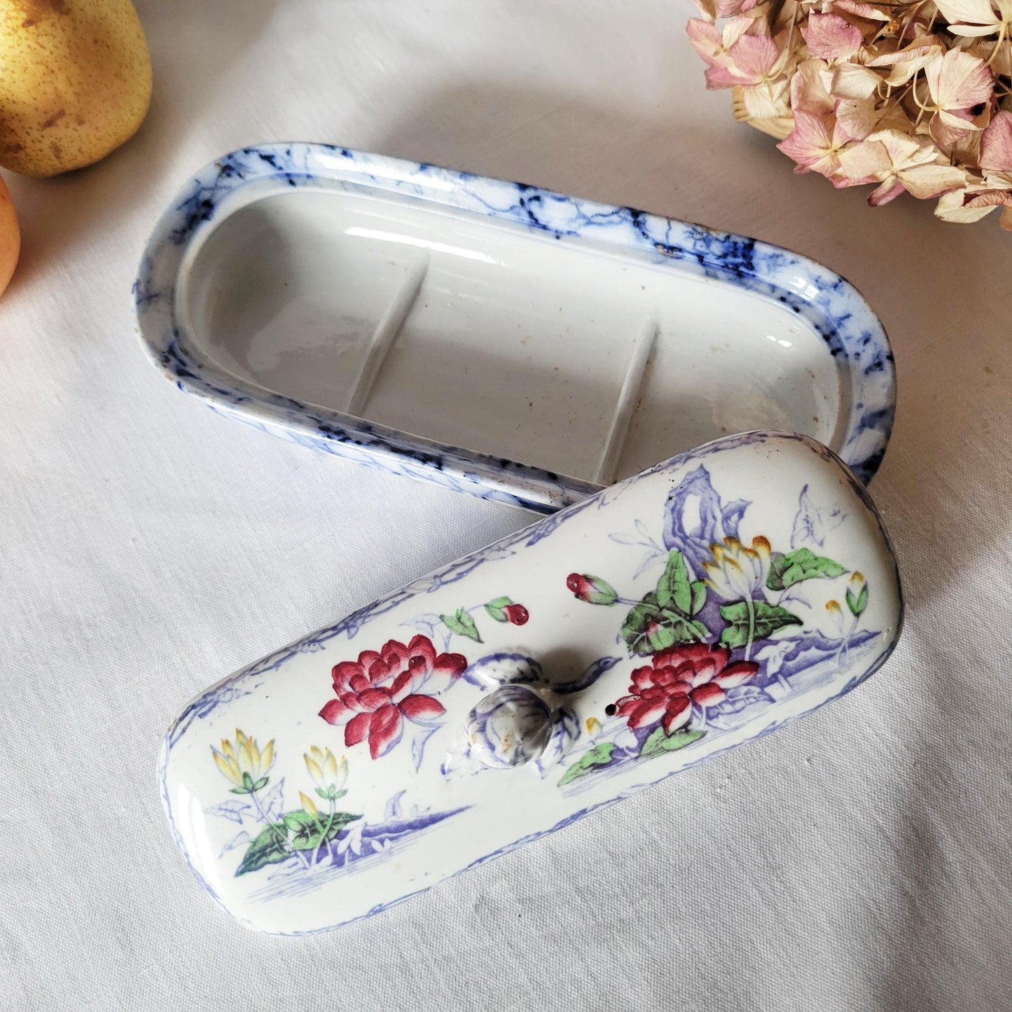 Antique French Floral Lidded Soap Dish: Polychrome Transferware, c1890