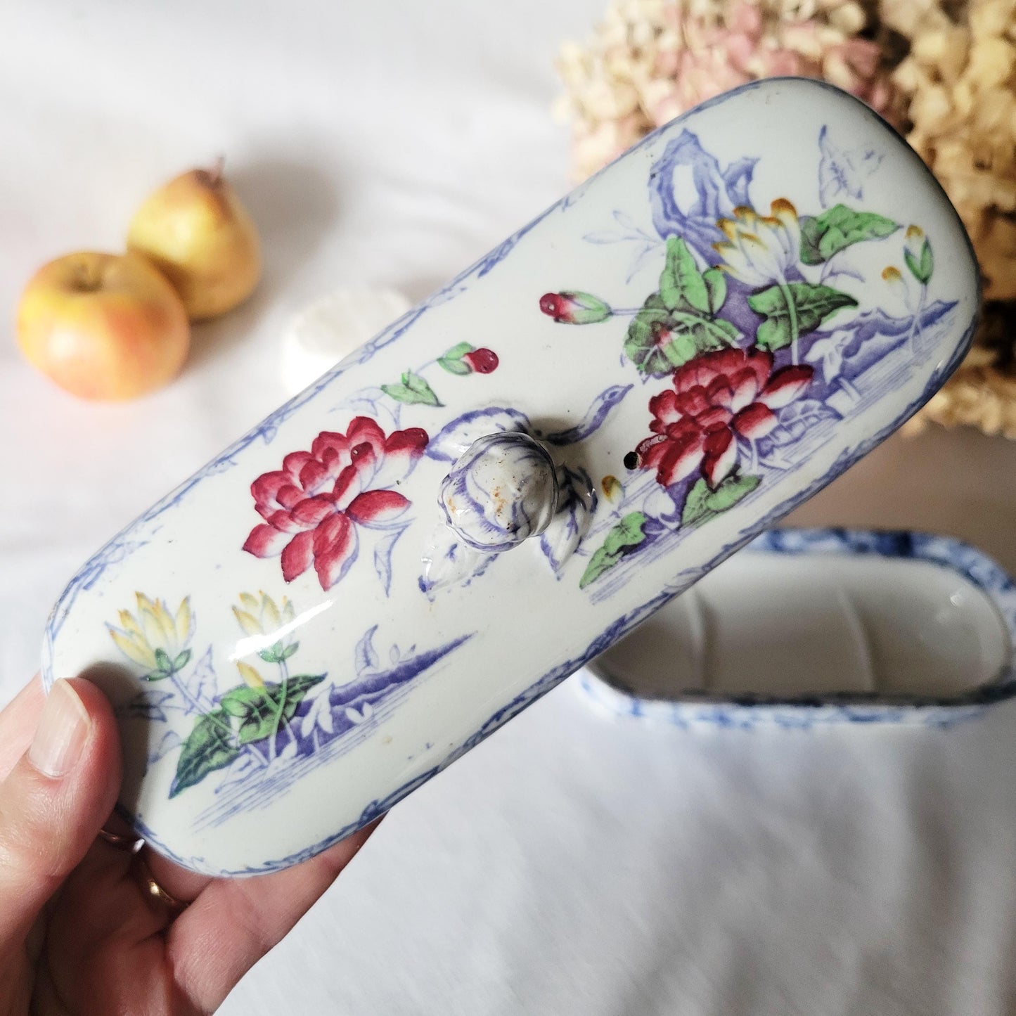 Antique French Floral Lidded Soap Dish: Polychrome Transferware, c1890