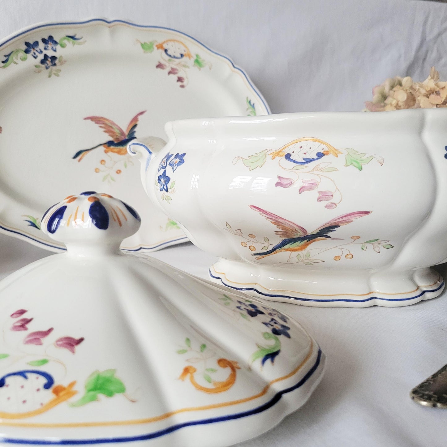 French Ironstone Soup Tureen & Charger Set: Hand-Painted Birds, Longchamp 'Clery'
