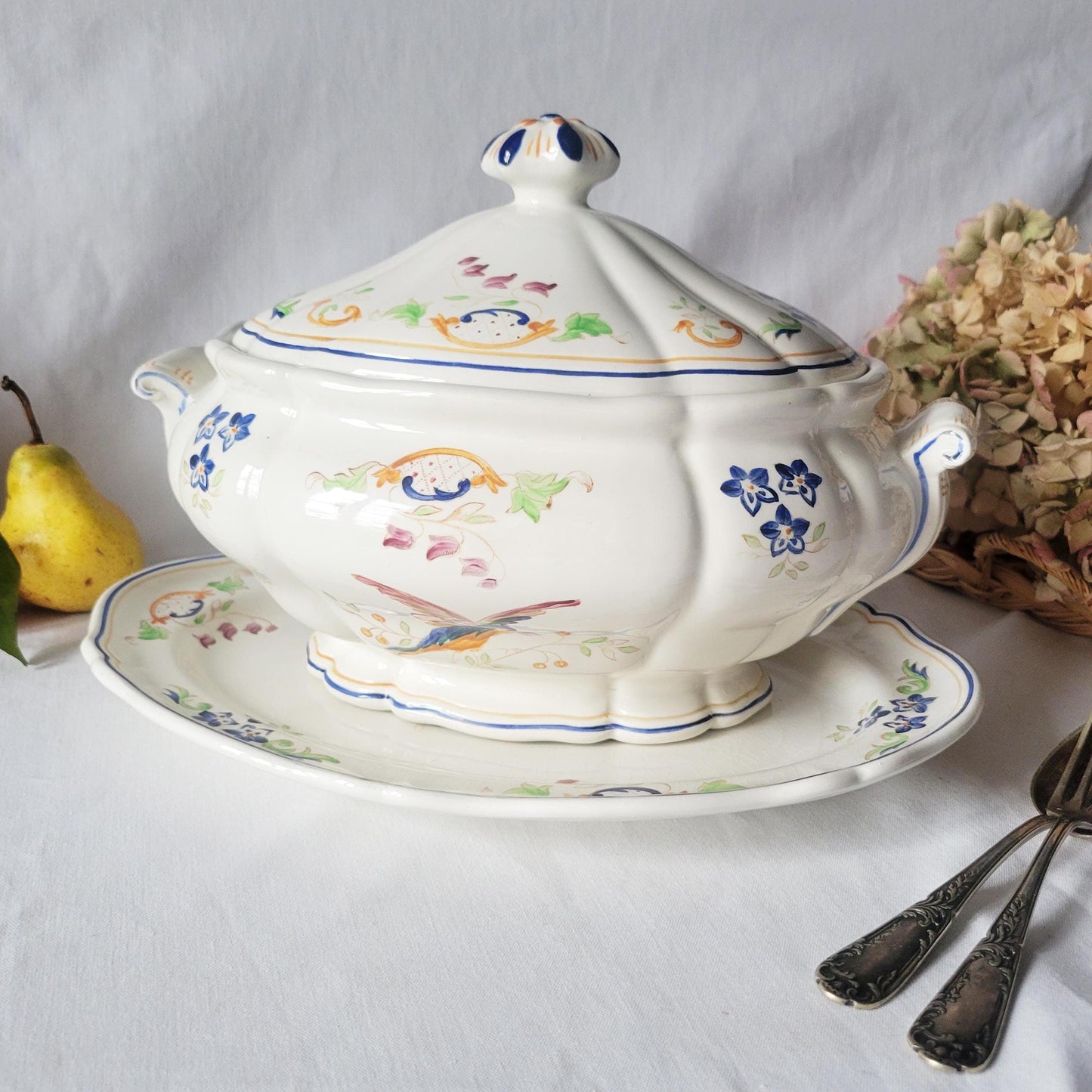 French Ironstone Soup Tureen & Charger Set: Hand-Painted Birds, Longchamp 'Clery'
