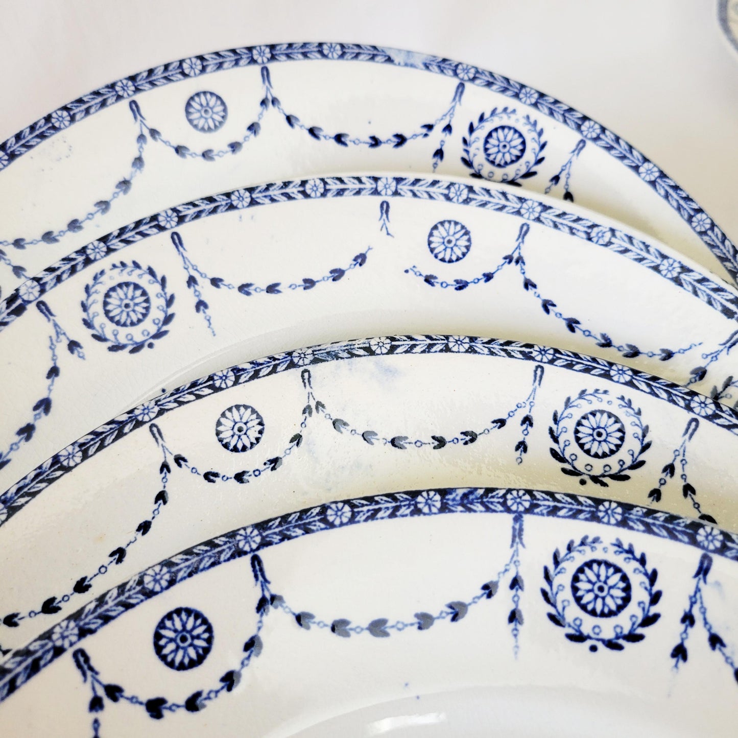 Antique French Ironstone 12-place Dinner Service, Blue Transferware Luneville 'Bonaparte', 30pc