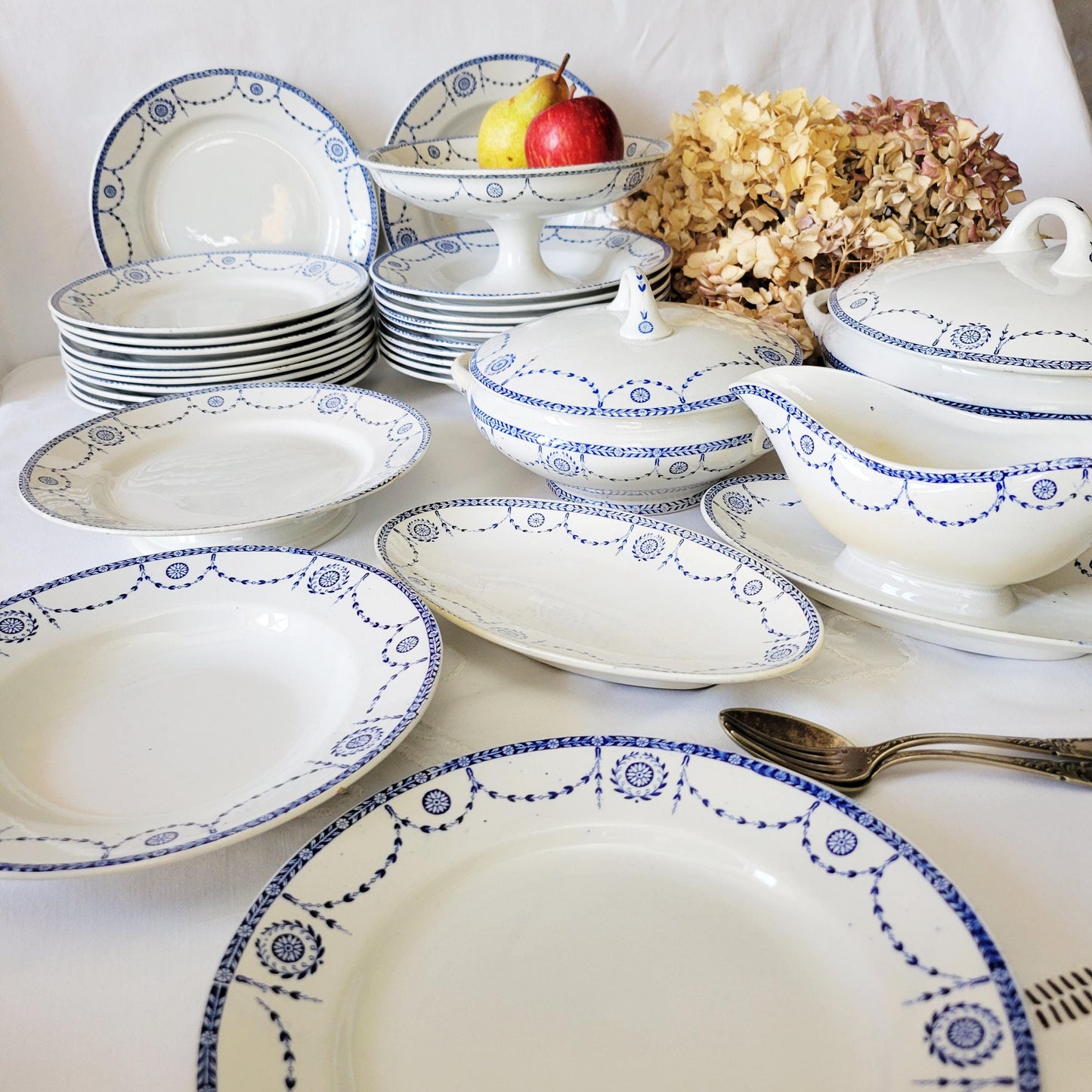 Antique French Ironstone 12-place Dinner Service, Blue Transferware Luneville 'Bonaparte', 30pc