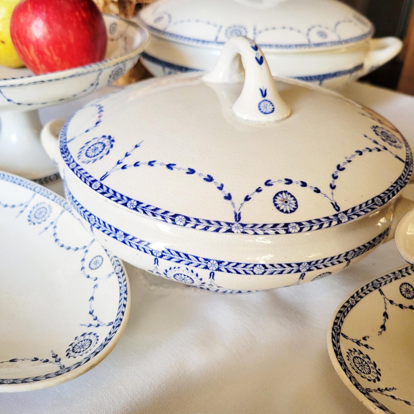 Antique French Ironstone 12-place Dinner Service, Blue Transferware Luneville 'Bonaparte', 30pc