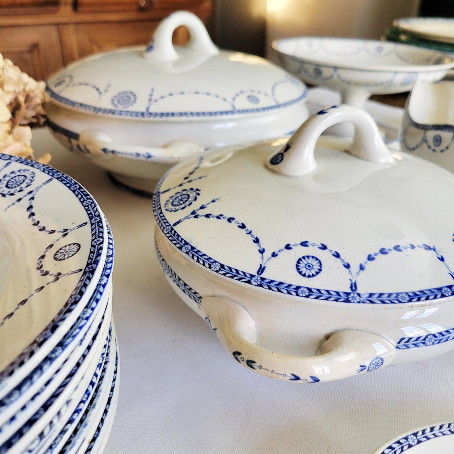 Antique French Ironstone 12-place Dinner Service, Blue Transferware Luneville 'Bonaparte', 30pc