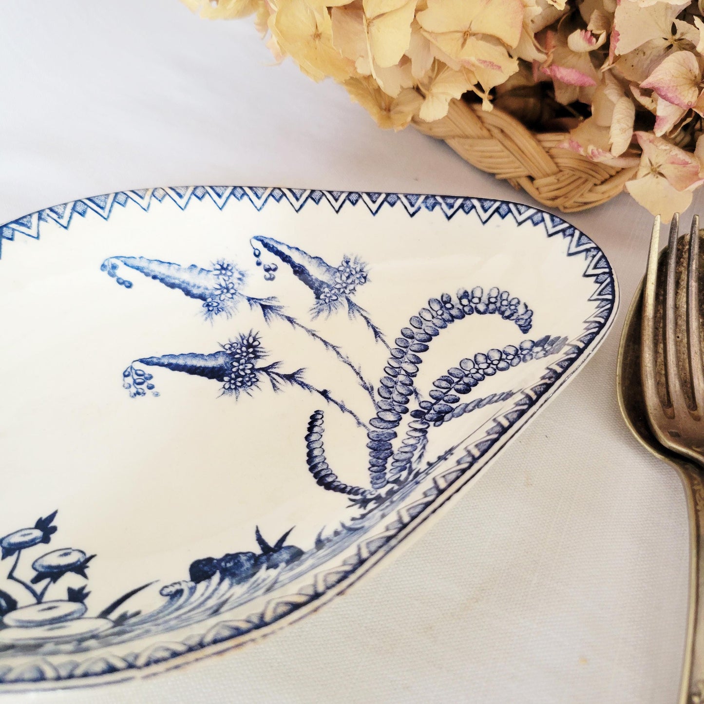 Antique French Ravier Dish: Clairefontaine 'Indiana' Pattern Blue Floral Plate