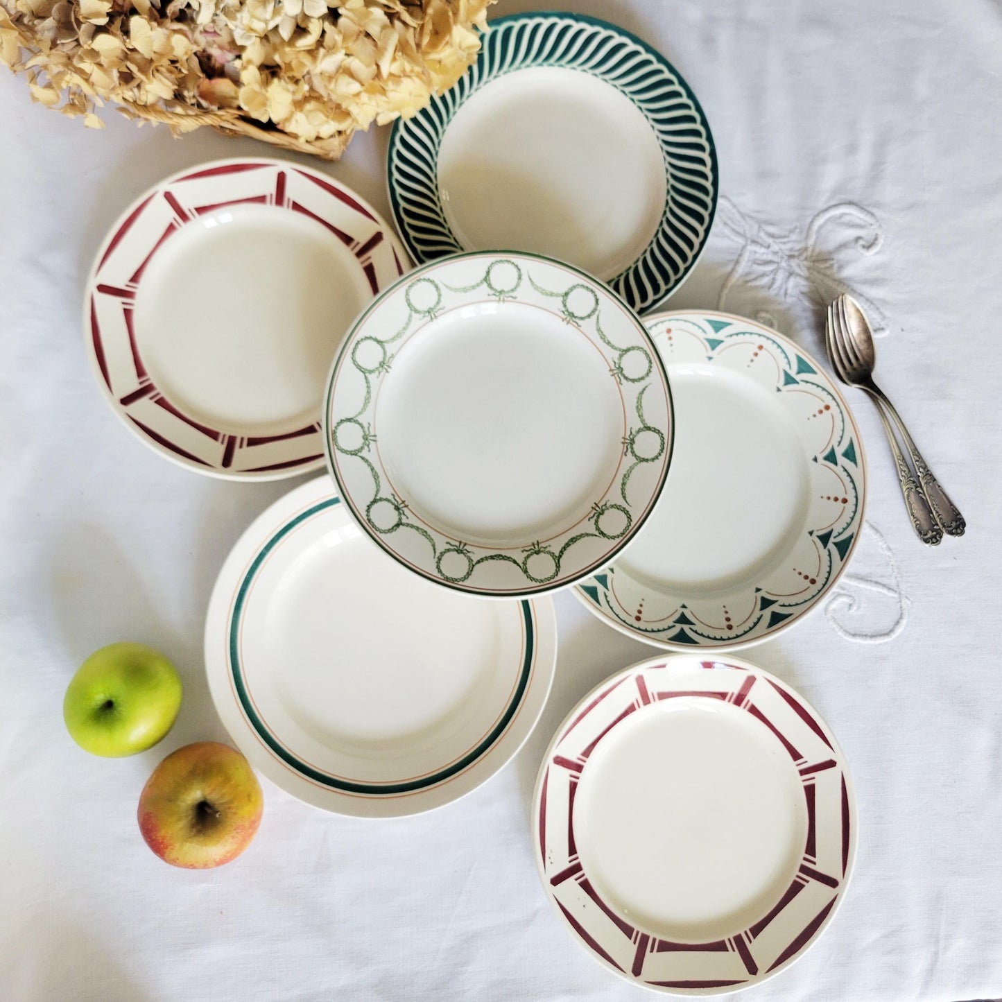 SET of 6 mismatched red/green transferware ironstone small dinner plates, French vintage, Badonviller, Sarreguemines, St Amand